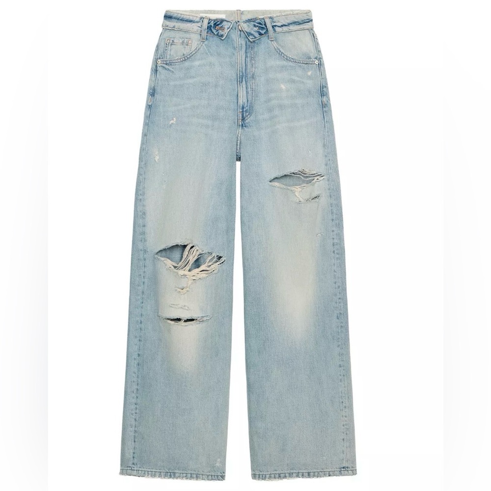Zara TRF Mid-Rise Folded-Waist Ripped Leg Light Blue Baggy Jeans
